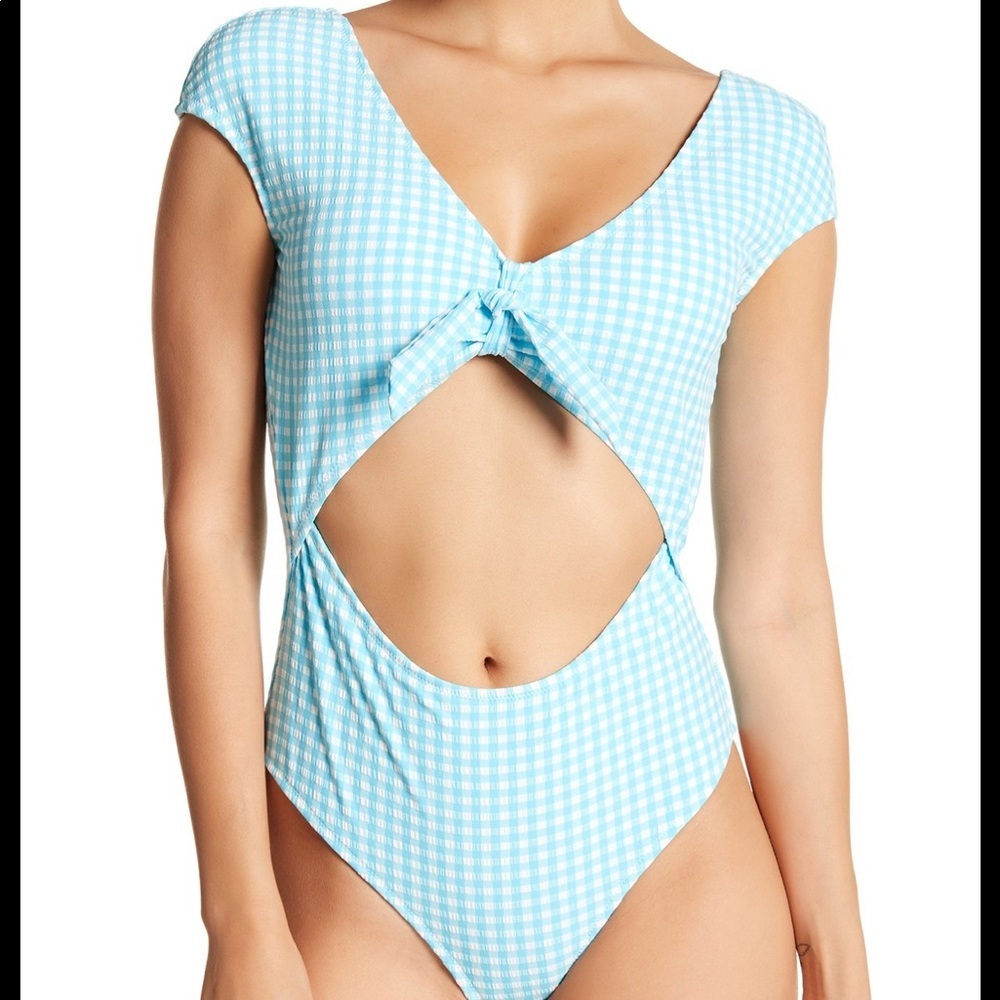 Jessica Simpson cap sleeve bow front blue white check gingham swimsuit Medium